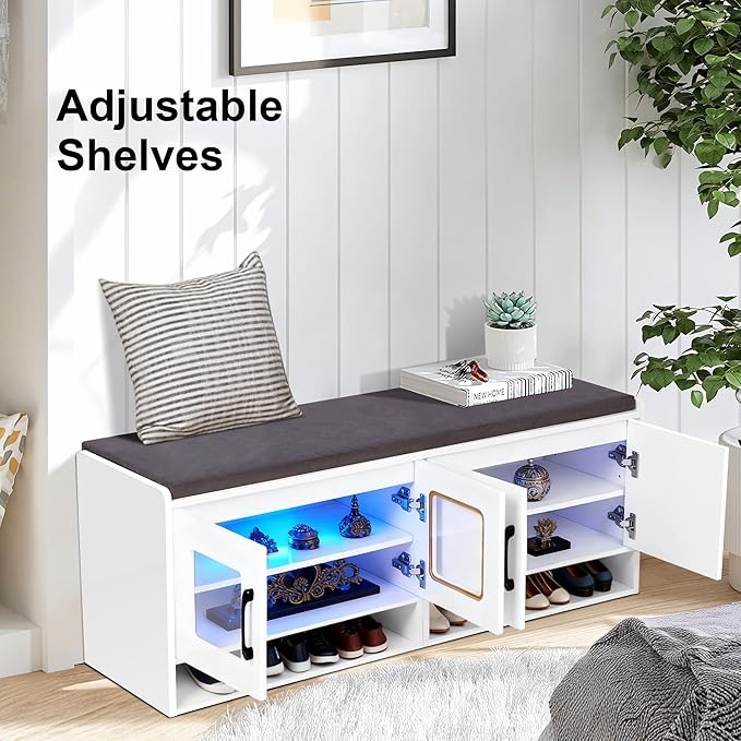 Shoe Bench with Thickened Cushion,Entrance Bench with Glass Door and Ambient Light,Three-Layer Shoe Rack,Color Changing Light Strip, Two Large Storage Spaces,Living Room,Bedroom,White