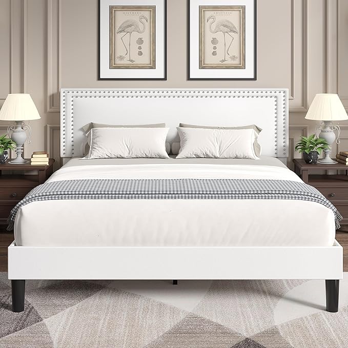 VECELO Full Size Platform Bed Frame with Height Adjustable Upholstered Headboard, Modern Mattress Foundation,Strong Wood Slat Support, No Box Spring Needed, Easy Assembly,White