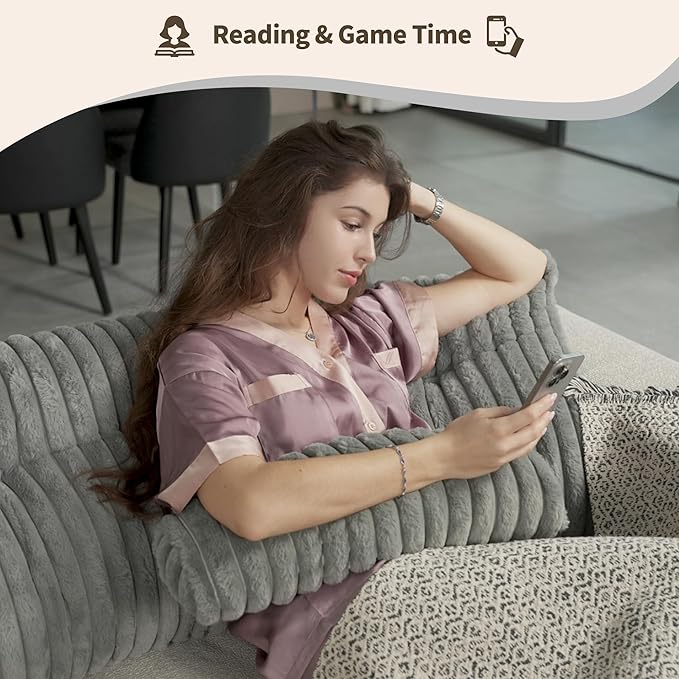 Headboard Pillow Queen, Faux Fur Wedge Pillow Headboard for Bed Sitting Up,Back Support Pillows for Reading, Working with 2 Pack Neck Bloster Pillows (Grey, Queen:59x8x20 Inches)