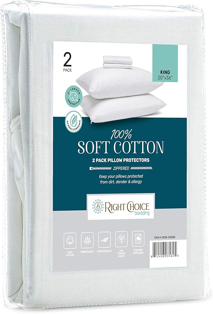 Cotton Pillow Protectors with Zipper. Zip Up Pillowcase King Size 20x36 (Set of 2)