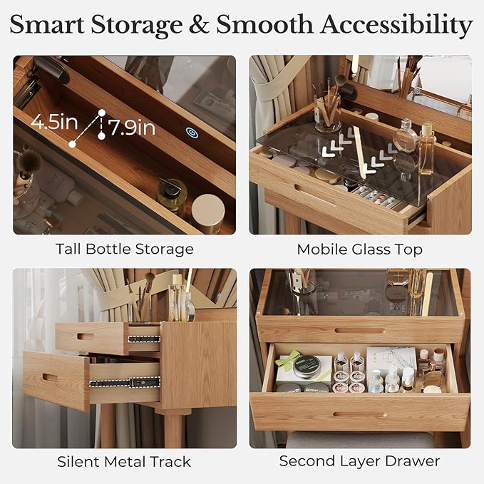 Muwuele Solid Wood Small Vanity Desk with Mirror and Lights, Narrow Makeup Vanity for Small Space, Flip Top Vanity Side Table, 3 Color Modes & Adjustable Brightness, 23.6" Slim Dressing Table, Natural