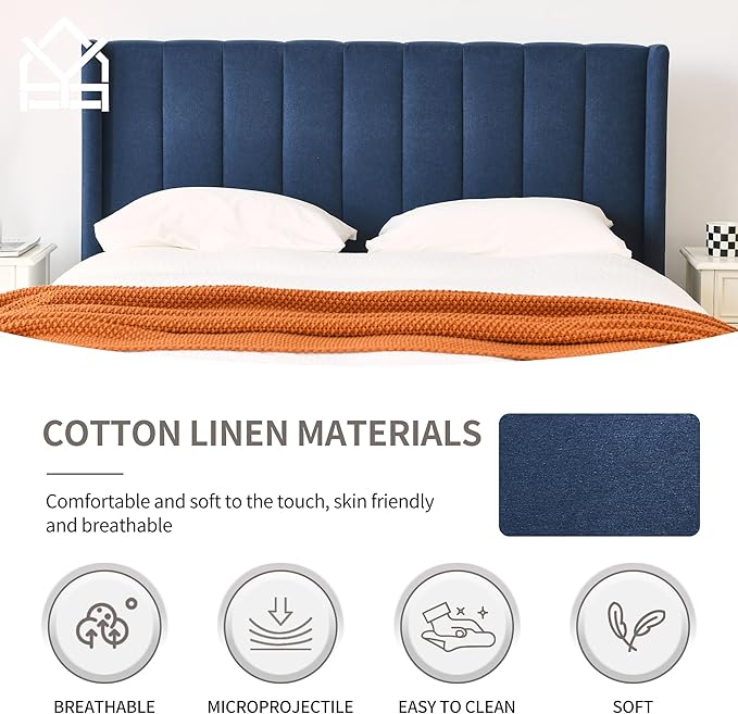 YUHUASHI upholstered Platform Bed Frame/Full Bed Frame/Modern Geometric Double-Wing Design headboard/Linen Fabric/Easy to Assemble no Noise (Navy Blue, Full)
