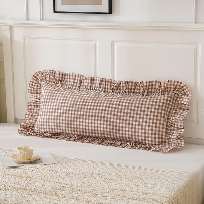 14x36 inches Taupe Plaid Ruffle Gingham Lumbar Throw Pillow Cover, Pure Cotton Decor Pillowcase French Country Vintage Fall Pillow Case for Bedding Couch
