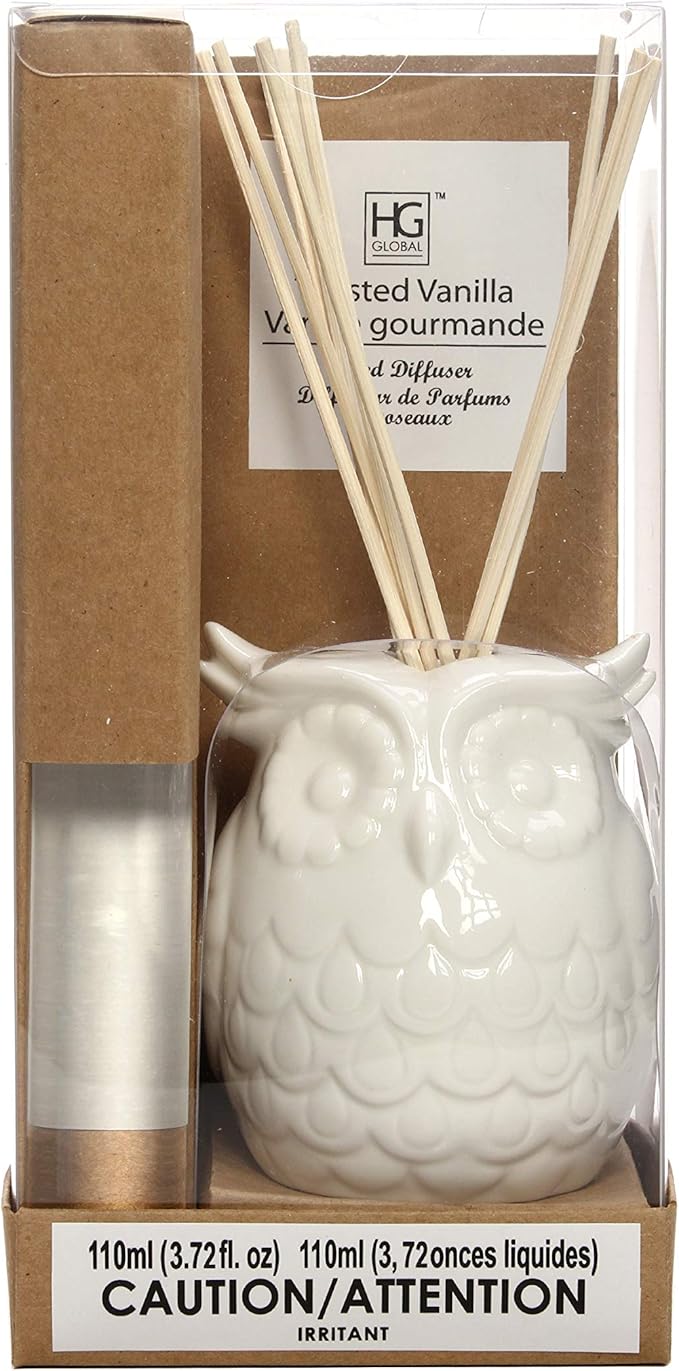 Hosley Aromatherapy Vanilla Diffuser Oil with Ceramic Owl Farmhouse Bottle & Reed Sticks - 110ml Ideal Gift for Home Decor, Bathroom Decor, Room Decor, Spa, Meditation, Weddings