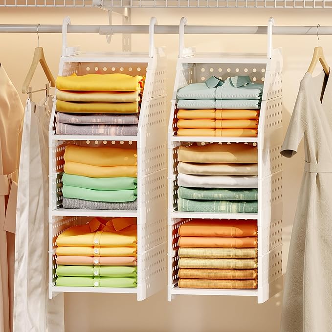 Honkazita 3-Tier Foldable Hanging Closet Organizer, Free-Standing | Closet Hanging Organizer for Wardrobe, Laundry Room, Plastic Hanging Closet Shelves for Clothes, Handbags, Accessories (White)