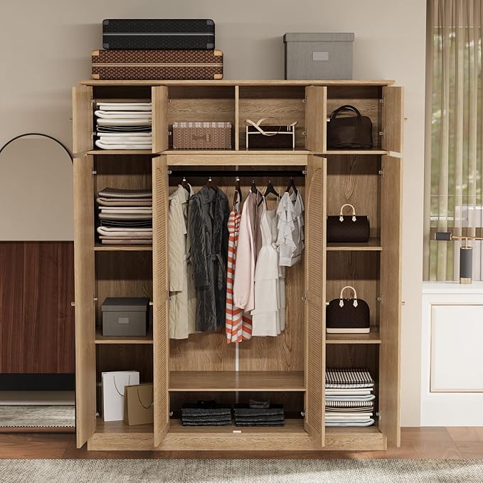 4 Doors Large Armoire Wardrobe Closet with Rattan Doors, 70.87" Tall Freestanding Wooden Closet Wardrobe Cabinet with Hanging Rod and Adjustable Shelves, Clothing Storage Cabinet for Bedroom, Natural