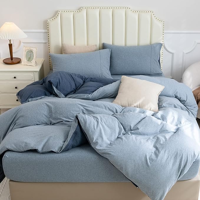 PURE ERA Jersey Knit Duvet Cover Set 100% T-Shirt Cotton Super Soft Comfy 3pc Bedding Set with Zipper Closure (Solid Navy/Blueish Grey, Queen)