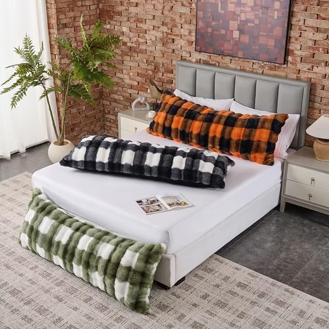 Luxury Shaggy Faux Fur Body Pillow,Fluffy Bed Pillow with Zipper Closure,Soft Decorative Plush Full Long Pillows,Fuzzy Hug Pillow for Living Room Side Sleeper & Pregnancy 20"x54" Print in Black/White