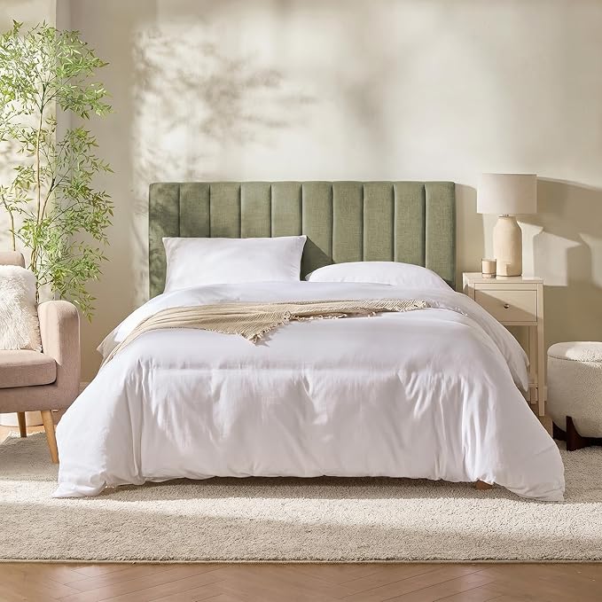 Upholstered King Headboard - Easy Assemble Channel Stitched Headboard King Size Bed - Wall Mounted Headboards with 3D Soundproof Wall Panels Peel & Stick Floating Headboards, Olive Green