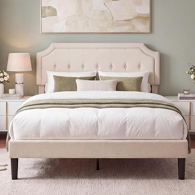 VECELO Full Size Platform Bed Frame with Fabric Upholstered Headboard and Wooden Slats Support, No Box Spring Needed/Easy Assembly,Light Beige