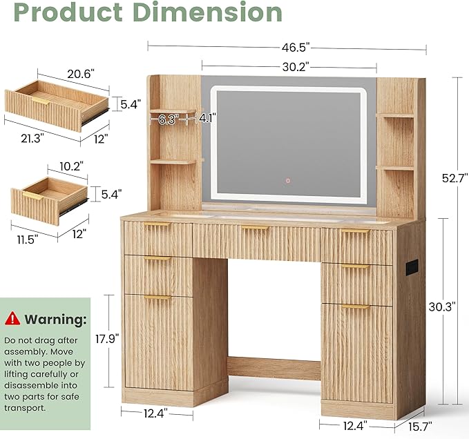 Fluted Vanity Desk with 30.2" Mirror and Lights, Glass Top Makeup Vanity with Desktop Light Strips, 5 Drawers, 2 Cabinet & 6 Open Shelves, Power Outlet, Lighting Adjustable,Natural
