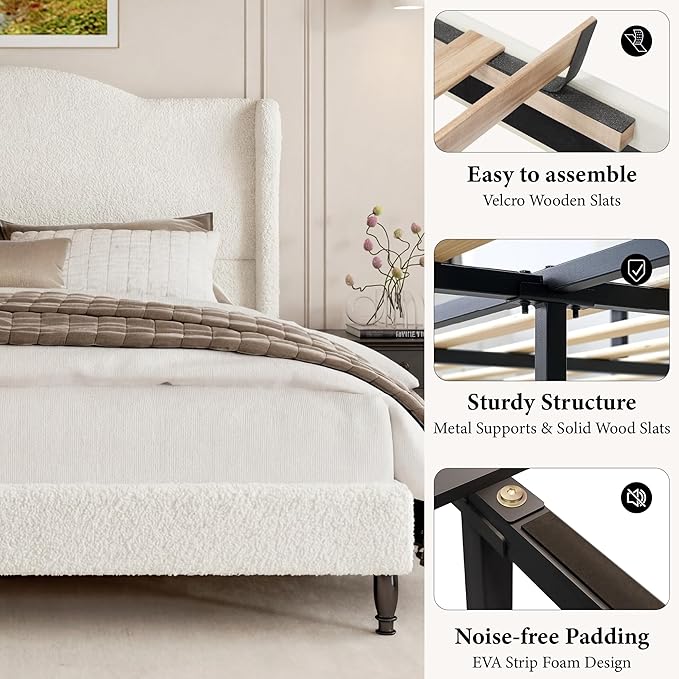 Queen Bed Frame with Wingback Headboard, Upholstered Boucle Platform Bed Frame Easy Assemnly, Solid Wooden Slats Support, Noise-Free, No Box Spring Needed, Soft Cloud Bed for Bedroom, Cream