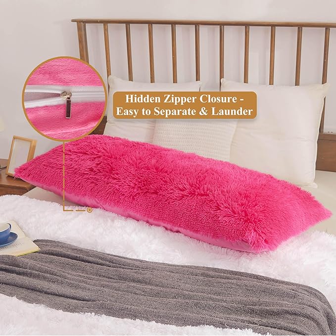 XeGe Shaggy Faux Fur Body Pillow Cover, Fluffy Long Body Pillow Case with Zipper Closure, Soft Decorative Plush Furry Body Pillowcase, Fuzzy Pillow for Bedroom Home Decoration Couch 20"x54", Hot Pink