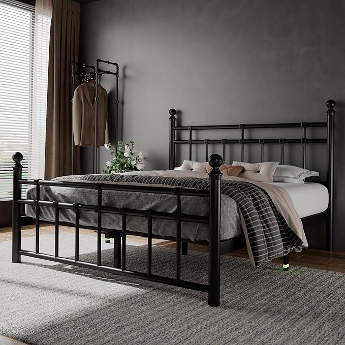 Feonase Queen Metal Platform Bed Frame with Victorian Classic Iron-Art Headboard & Footboard, Steel Slats Support, 12" Under Bed Storage, No Box Spring Needed, Noise-Free, Black