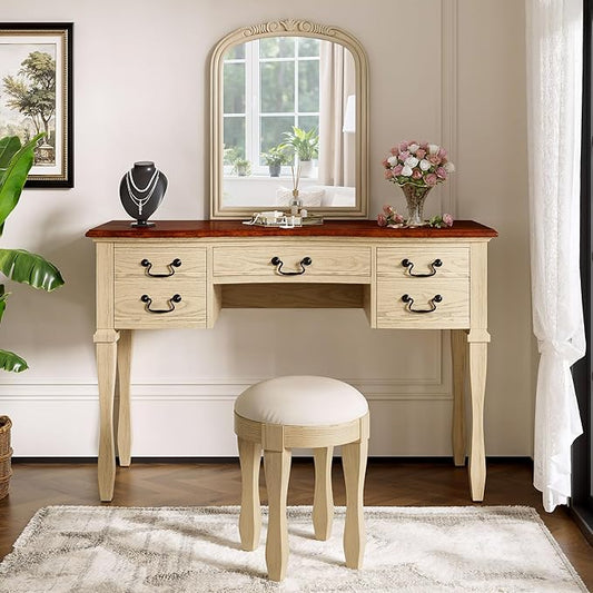 46" Vintage Makeup Vanity Table with Leather Stool, Vanity Desk with Curved Flower Frame Mirror, Dressing Table with 5 Drawers and Antique Handles, Easy Assembly