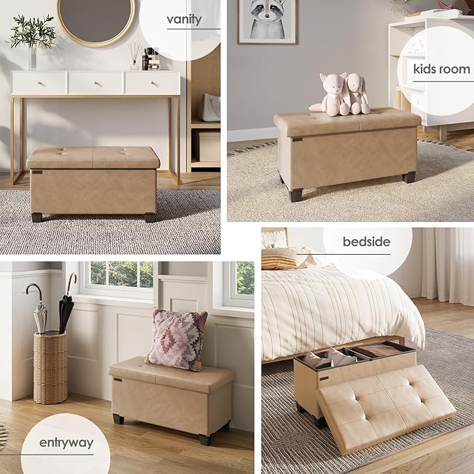 Storage Ottoman Bench with Bins, 30-in Storage Bench for Bedroom End of Bed, Folding Foot Rest Ottoman for Living Room Max 660lbs, Leather Ottomans, Taupe
