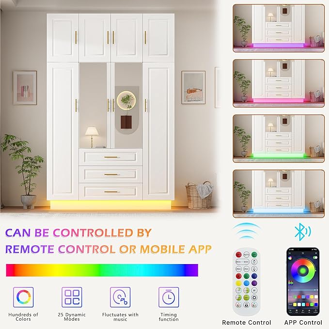 Hlivelood Large Armoire Wardrobe Closet Cabinet with Drawers and LED Lights, Multi-Tier Shelves, Hanging Rod, Large Capacity Storage 4 Door Wardrobe Armoire with Top Cabinet for Bedroom, White