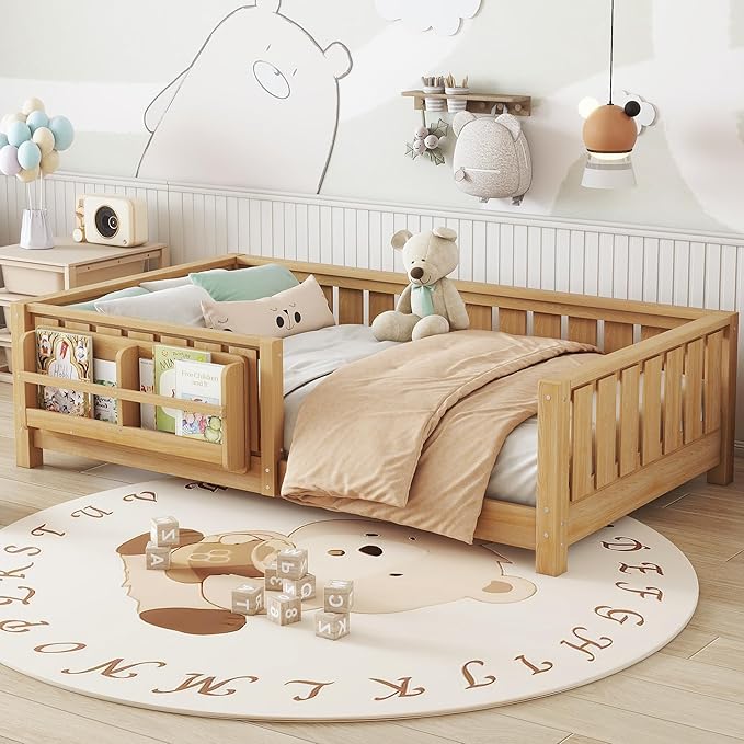 Bellemave Twin Size Kids Montessori Bed with Bookshelf,Solid Wood Twin Floor Bed Frame with Fence and Slats for Girls Boys,Low-Profile,Light Natural