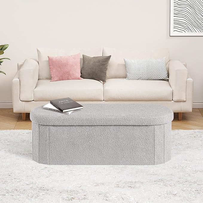 PINPLUS Storage Ottoman Bench Tufted Folding Ottomans Bench Foot Rest, Chest Box Velvet Bench with Storage, 43"x15"x15" (Grey)