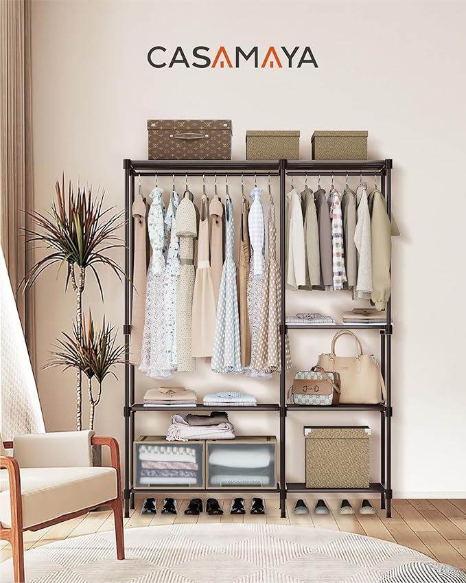 CASAMAYA Clothes Rack, Portable Closet, 44.9 Inch Large Capacity Wardrobe Closet, Clothes Storage Organizer with Shelves and 2 Hanging Rods, Easy to Assembly, Black PCT021B01