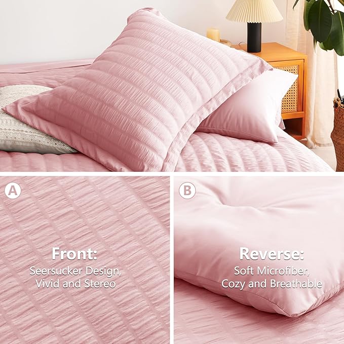 CozyLux Queen Comforter Set Pink Seersucker 7 Pieces Bed in a Bag Queen Comforter Set with Sheets, Luxury Soft Bedding Set with Down Alternative Comforter, Sheets, Pillowcases & Shams for All Seasons