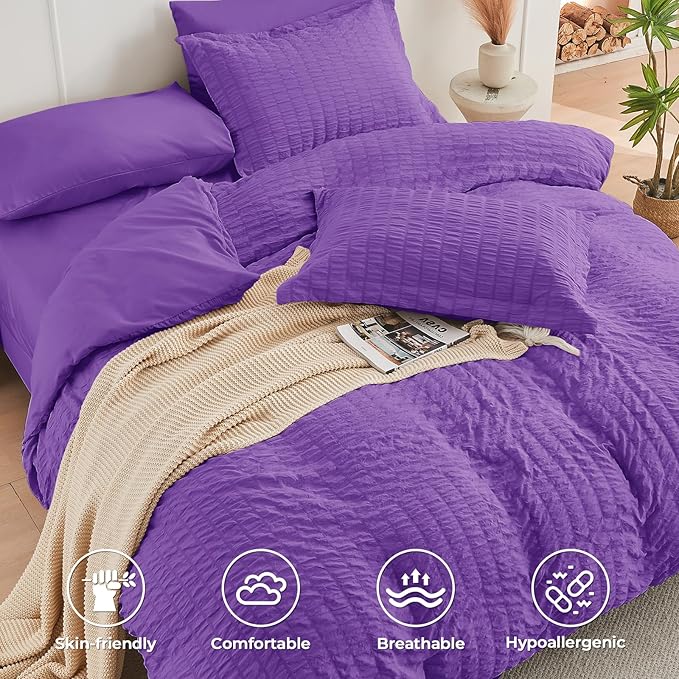 HYMOKEGE Bright Purple Twin XL Comforter Set Seersucker 5 Pieces, All Season Luxury Bed in a Bag for Bedroom, Bedding Set with Comforter, Sheets, Pillowcase & Sham