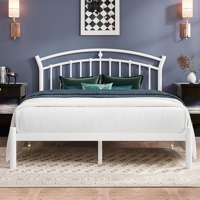 Einhomn Queen Bed Frame, White Metal Bed Frame with 12" Under-Bed Storage, Heavy Duty Steel Slat Support, No Box Spring Needed, Easy Assembly, Noise-Free