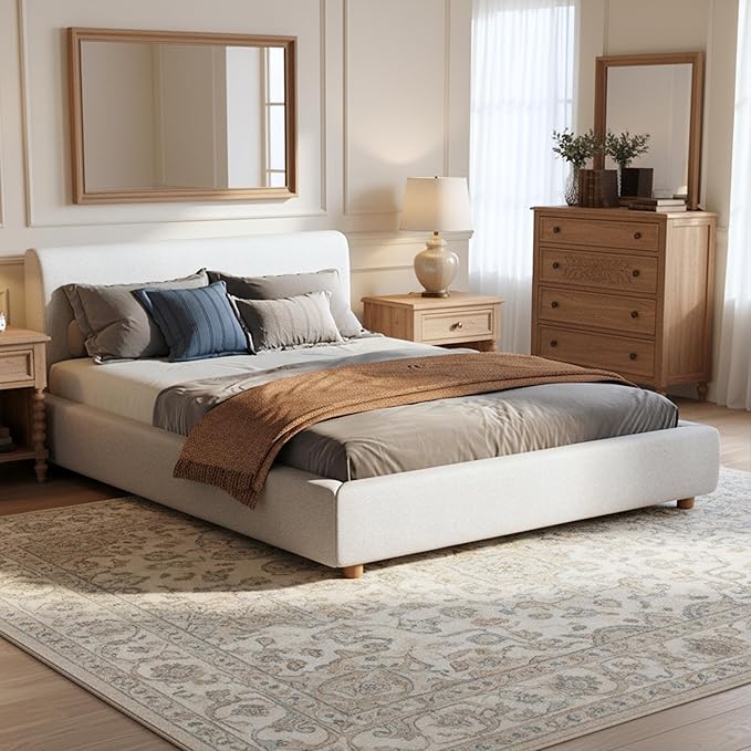 Merax Queen Size Boucle Upholstered Platform Bed Frame with Headboard,Modern Soft Fabric for Bedroom with Wood Slats Support for Bedroom
