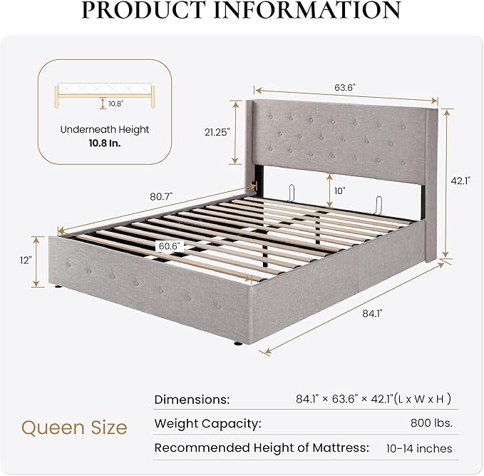 SHA CERLIN Queen Size Lift Up Storage Bed Frame,Button Tufted Wingback Headboard,Upholstered Platform,Hydraulic Storage,Wooden Slat Support,No Box Spring,Light Beige