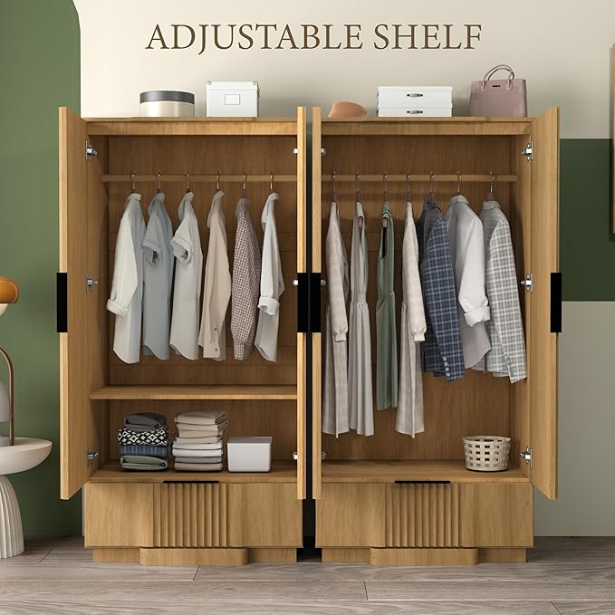 Brafab 67" Fluted Armoire Wardrobe Closet with Drawers and Doors, Wooden Wardrobe Cabinet with Adjustable Shelves, Modern Storage for Clothes, Coats for Bedroom,Natural Wood (1 pcs)