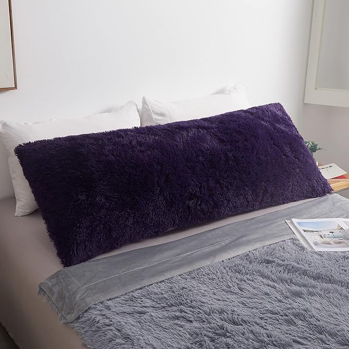 MEGO Shaggy Plush Body Pillow Cover, Faux Fur Fluffy Body Pillowcase, 20x54 Boho Fuzzy Body Pillow Case, Furry Long Big Throw Pillow Sham with Zipper for Home Bedding Couch Living Room Deep Purple