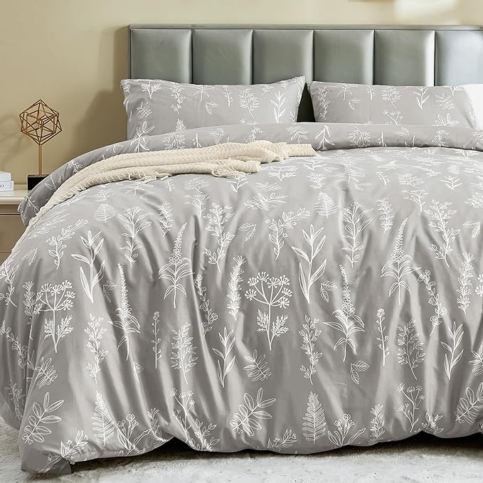 MUXHOMO Duvet Cover Full Size, Reversible Floral Silver Gray Duvet Cover Set with Zipper Closure, 3 Pieces Botanical Patterns Soft Microfiber Bedding Set with 4 Ties (80"x90", 2 Pillow Cases)