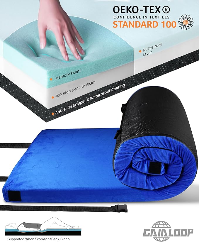 GAIALOOP 3 Inch Memory Foam Camping Mattress, Dual Layer Thick Sleeping Camp Pad for Car Tent Cot, Roll-Up Portable Glamping Floor Bed for Guests Sleepover