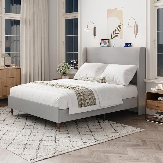 MALOL Full Size Bed Frame with Upholstered Headboard, Linen Fabric Platform Bed Frame with USB Charging Ports, No Box Spring Needed, Sturdy Metal Support, Noise Free, Modern Bedroom Furniture,Grey