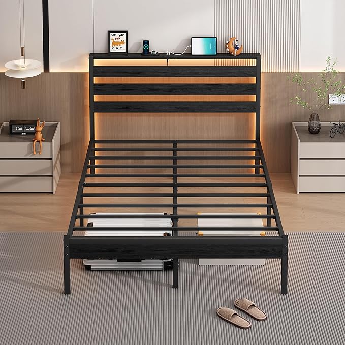 CLIBFENG 14 Inch Classic Metal Platform Bed Frame-Full Size Bed Frame with Headboard,Steel Slats Support-LED Bed Frame with USB Charging Station,Under Bed Storage,No Box Spring Needed,Noise Free