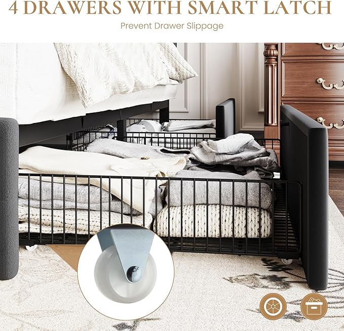 SHA CERLIN Full Size Platform Bed Frame with 4 Oversized Storage Drawers, Adjustable Headboard with Velvet Upholstery, Square Button Tufted Design, Wooden Slat Support, No Box Spring Needed, Black