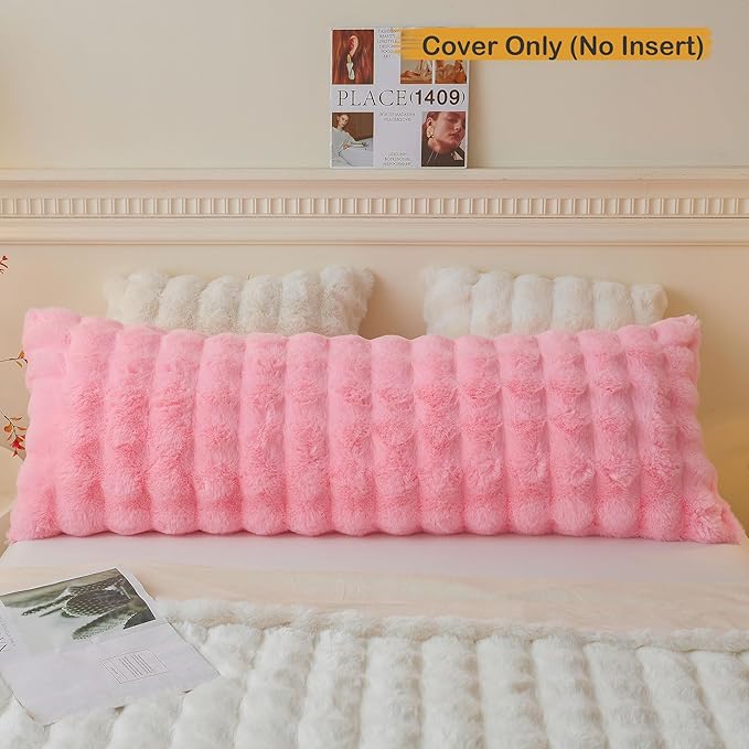 LIFEREVO Fluffy Faux Rabbit Fur Body Pillow Cover, Soft Cute Bubble Waffle Shaggy Plush Bed Body Pillowcase with Zipper Closure, Long 20"x54" Fuzzy Furry Pillow Case for Pregnancy Side Sleeper, Pink