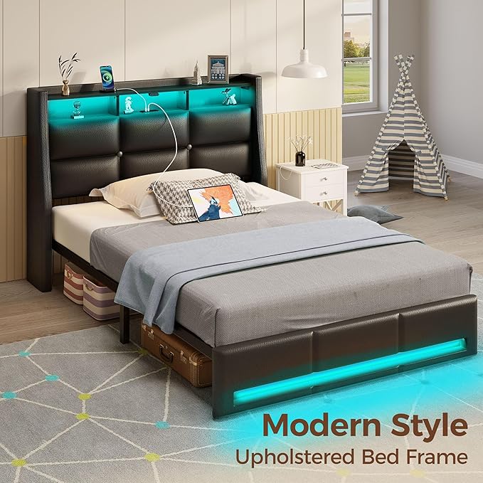 Rolanstar Twin Size Bed Frame with LED Lights and Charging Station, Upholstered Headboard with 2-Tier Storage Shelves, Heavy Duty Metal Frame, Noise-Free Support, Easy Assembly, No Box Spring Needed