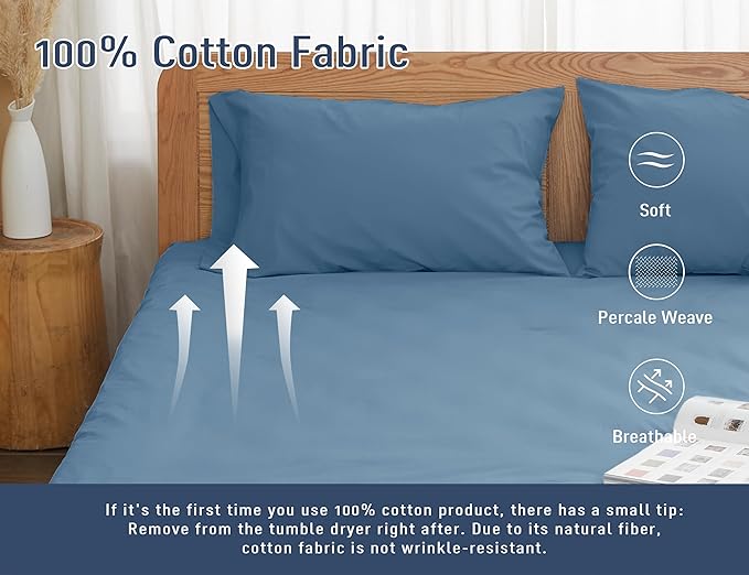 Pillow Cases, Standard Queen Size Cotton Percale Weave Pillowcases, Pre-Shrunk Breathable and Hypoallergenic Pillowcases, Set of 2 (2 Piece Standard/Queen 20 Inch x 30 Inch, Moonlight Blue)
