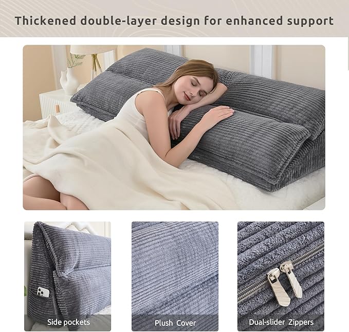 Zelladorra Wedge Pillow Headboard, Headboard Pillow King for Reading or Sitting, Bolster Pillow with Large Memory Foam, Removable Cover, Dark Grey
