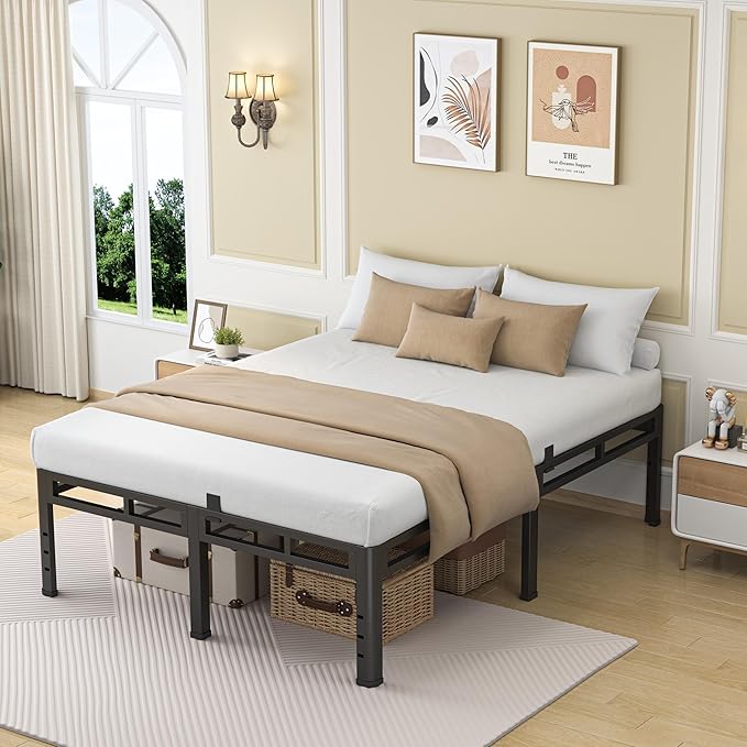 NKZ 18 Inch Queen Size Metal Bed Frame & Box Spring 2 in 1 Platform with Round Corner Legs, 4000Lbs Heavy Duty, Mattress Slide Stopper, Headboard Hole, Noise-Free, Easy Assembly