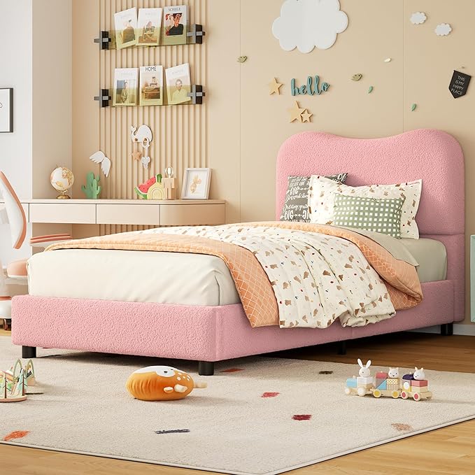 Boucle Twin Bed Frame for Kids with Upholstered Headboard, Low Profile Sturdy Platform Bed with Soft Boucle Fabric for Girls and Boys, Heavy Duty, Wooden Slats, Noise Free, No Box Spring Needed, Pink