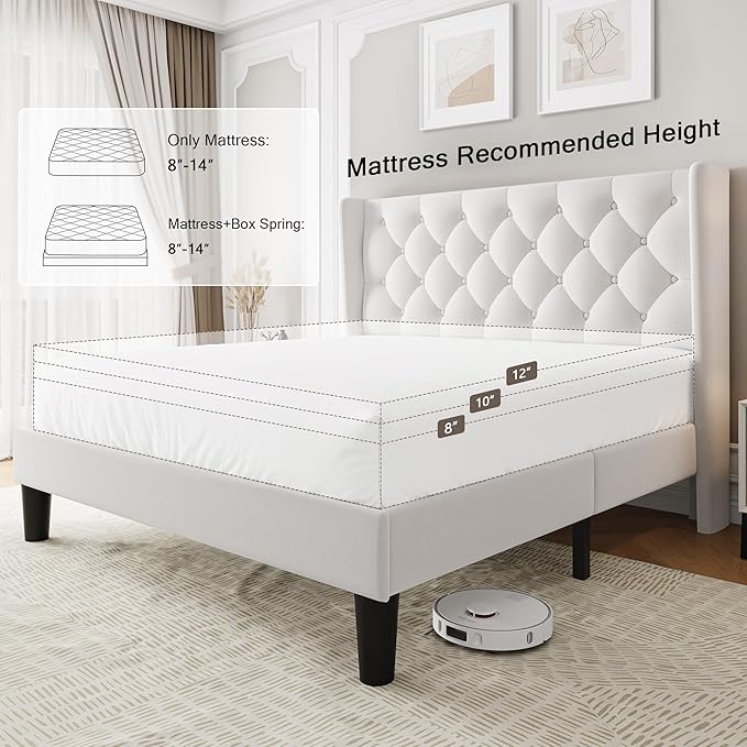 Einhomn Queen Size Platform Bed Frame with Velvet Upholstered Wingback Headboard, 10" Under Bed Space, Wooden & Metal Slats Support, No Box Spring Needed, White