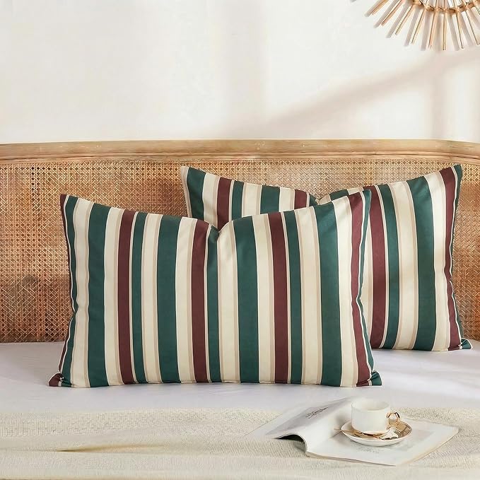 Merryword 100% Cotton Pillow Cases, Queen Size Pillowcases, Green Striped Pillowcases, Luxury Linen Like Pillowcase, Soft Breathable Cabana Stripes Pillow Covers, Set of 2