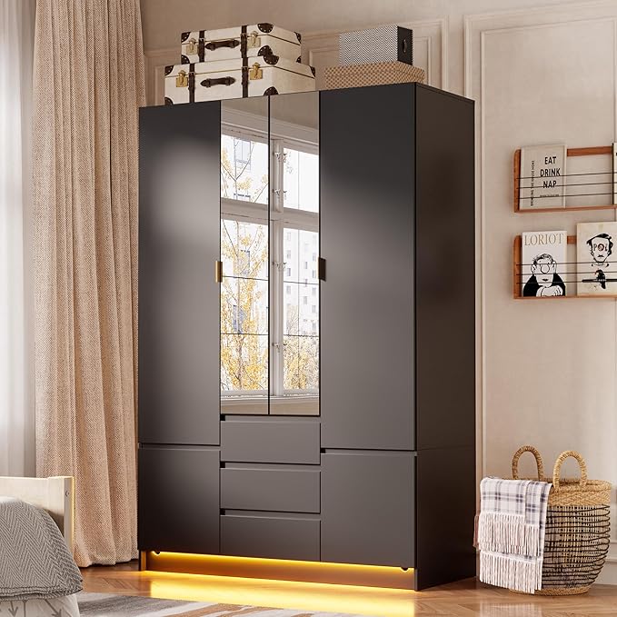 PAKASEPT 4 Doors Armoire Wardrobe Closet with Led Light & Mirror, Bedroom Large Capacity Freestanding Armoire Wardrobe with Drawers, Storage Cabinet with Hanging Rod Storage Closet for Bedroom