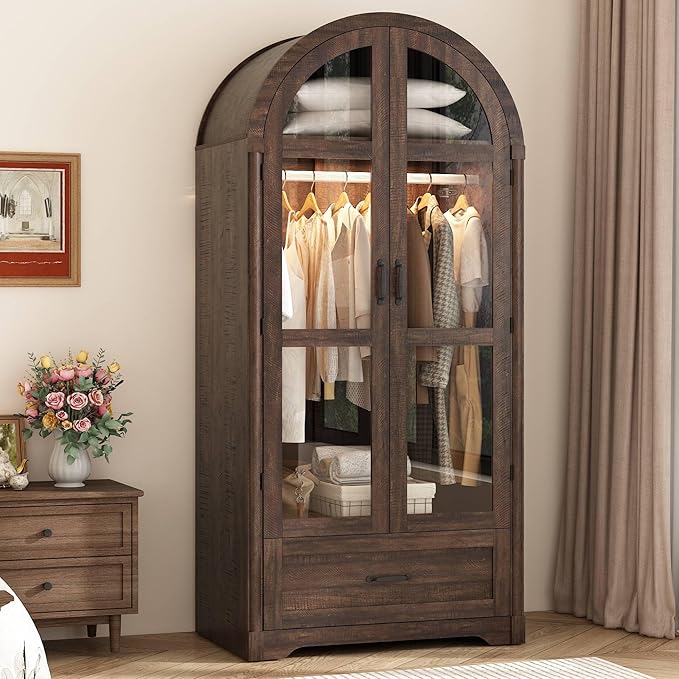 chartustriable 2 Doors Arched Armoire Wardrobe Closet w/Drawers,LED Light,Wooden Closet Wardrobe Cabinet with Hanging Rod for Bedroom,Modern Armoire Storage Cabinet w/Shelf,Rustic Brown