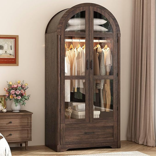 chartustriable 2 Doors Arched Armoire Wardrobe Closet w/Drawers,LED Light,Wooden Closet Wardrobe Cabinet with Hanging Rod for Bedroom,Modern Armoire Storage Cabinet w/Shelf,Rustic Brown