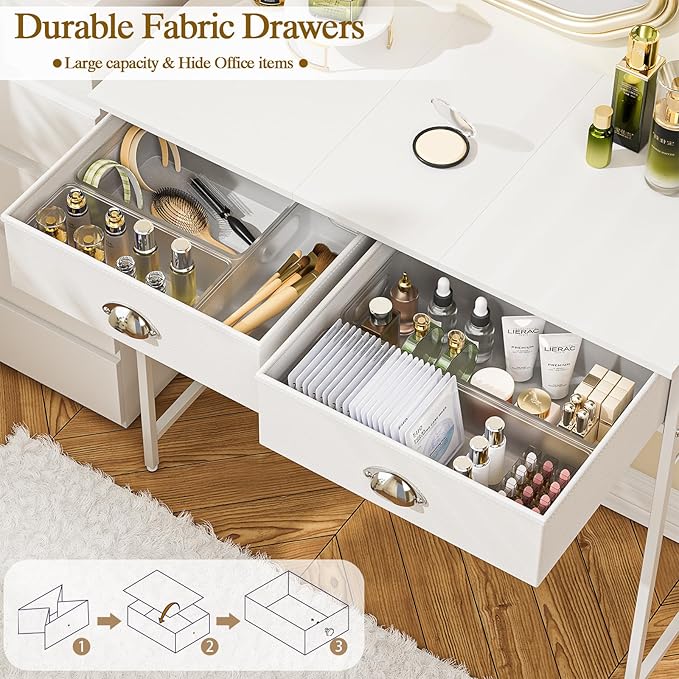 ThreeHio Small Vanity Desk No Mirror for Kids Bedroom, 31.5 Inch Vanity Table with Drawers, Makeup Vanity Desk for Narrow Spaces, White Dreessing Table(No Mirror)