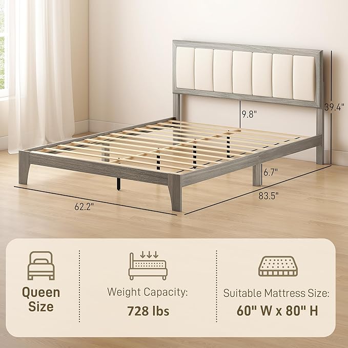 HOMCOM Queen Size Bed Frame with Upholstered Headboard, Platform Bed Frame with Wooden Slats, No Box Spring Needed, Easy Assembly, Gray