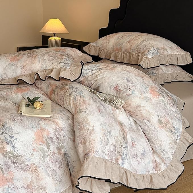 VM VOUGEMARKET Girls Ruffle Duvet Cover Set Twin Breathable Muslin Cotton Flower Duvet Cover Soft Linen Like Gauze Bedding Set-68x86 Inch